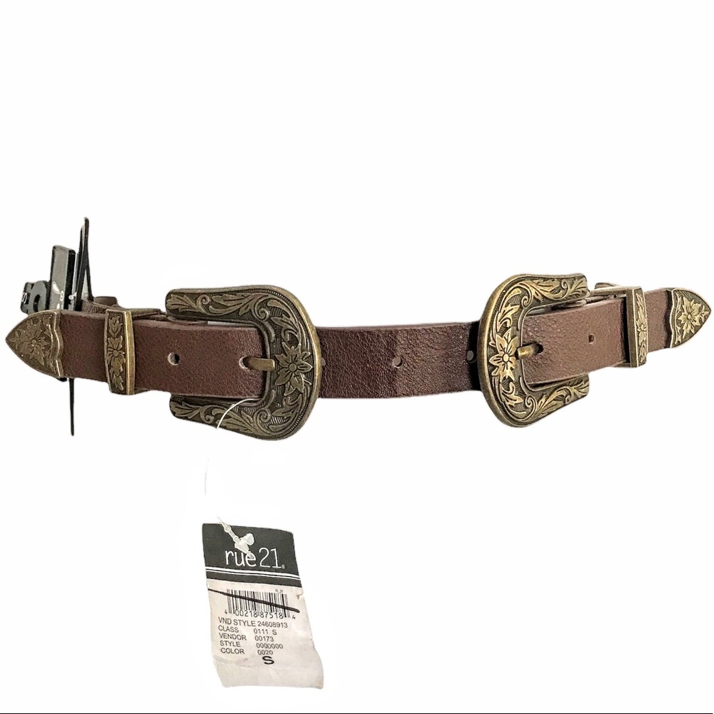 NWT Belt Double Grommet &  Buckle Brown with Etched Metal Hardware Vegan…